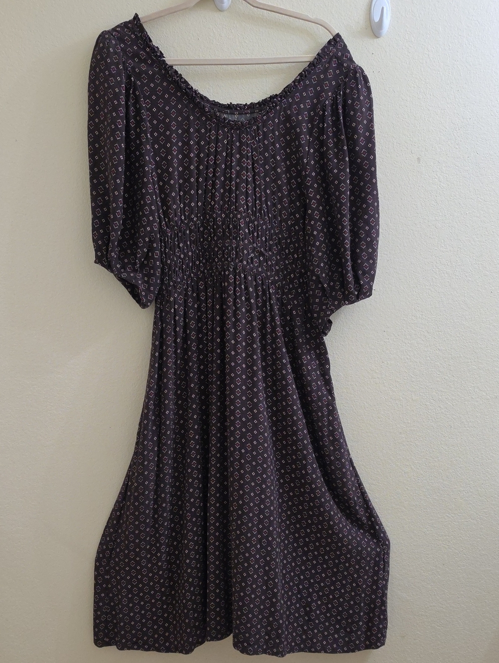 Tecovas 3/4 Sleeve Western  Smocked Chocolate Brown Dobby Midi Dress, Large